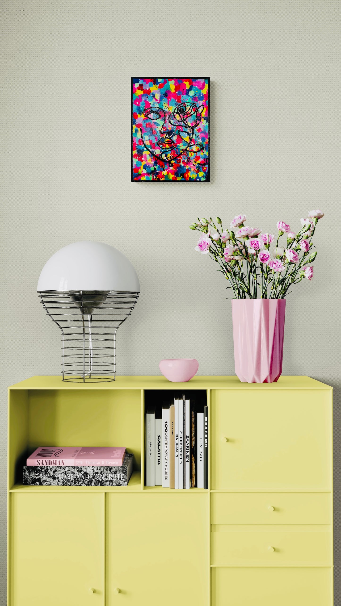 Brightly colored splatter-paint canvas featuring a black continuous-line side-profile portrait of a woman's face