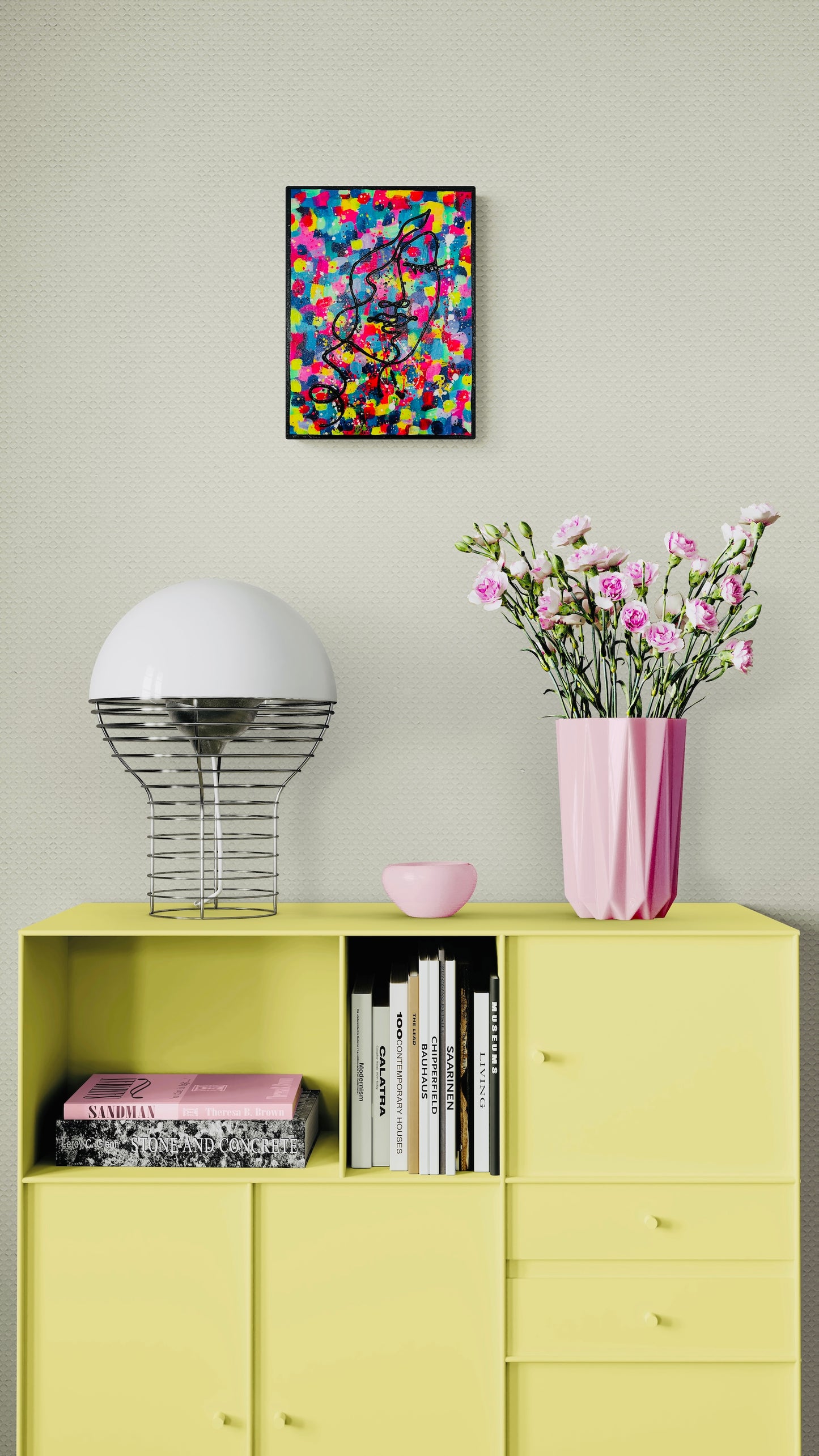 Brightly colored splatter-paint canvas featuring a black continuous-line side-profile portrait of a woman's face