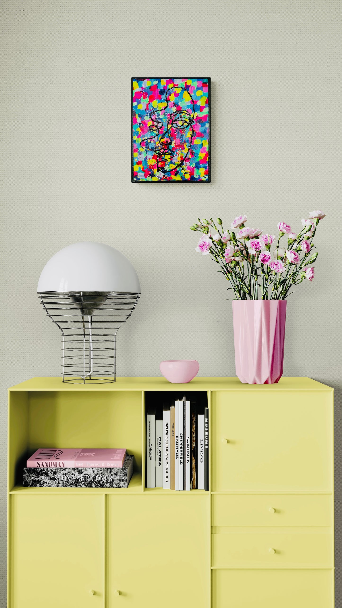Brightly colored splatter-paint canvas featuring a black continuous-line side-profile portrait of a woman's face
